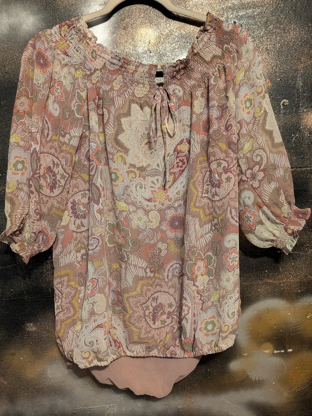 Boho Floral Off-Shoulder Peasant Top - Mauve Pink